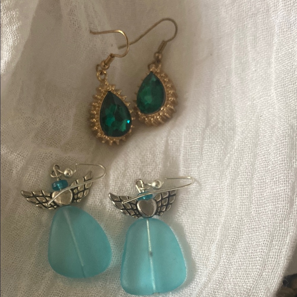 Gold and Green Drop Earrings with Teardrop Design